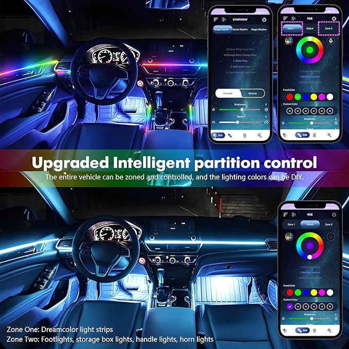 New Version Acrylic Car Dreamcolor Ambient Lighting Kit 14 in 1 LED Interior Car Strip Lights APP Control Zoned Control System 252 Color Modes DIY Neon Wireless Sound Activated RGB Neon Light Kits