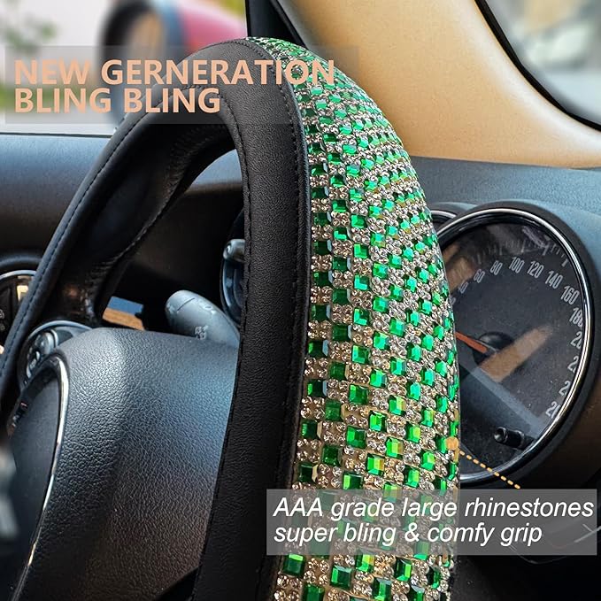 PINCTROT Large Size Bling Comfy Steering Wheel Cover with Jumbo Crystal Rhinestones, Anti-Slip Diamond Leather, 15.5-15.75 Inch (Vivid Green)