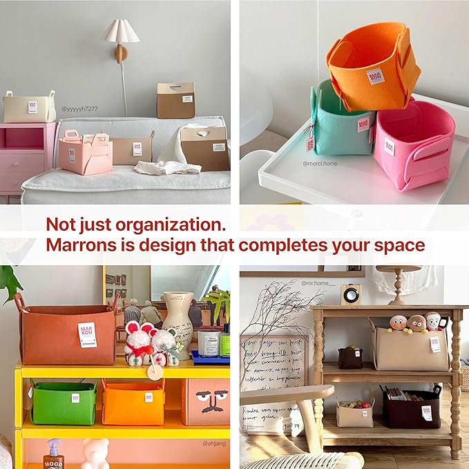 Collapsible Felt Beige Storage Bin Medium 11"x7.1"x7.1" – Foldable Basket with Handles for Closet, Toy Storage, Laundry Room 