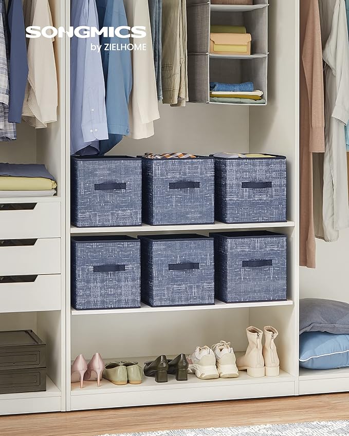 SONGMICS Storage Cubes, 11-Inch Non-Woven Fabric Bins with Double Handles, Set of 6, Closet Organizers for Shelves, Foldable,