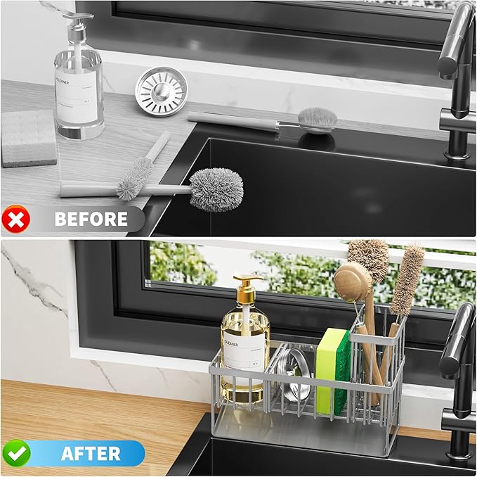 Cisily Sink Caddy Organzier with High Brush Holder, Sponge Holder for Sink, 304 Rustproof Stainless, Kitchen Countertop Soap 