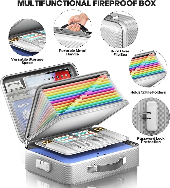 Fireproof Document Box, Hard Case Highly Flame-Resistant Fire Proof Waterproof File Organizer with Lock, Portable Fire Safe f