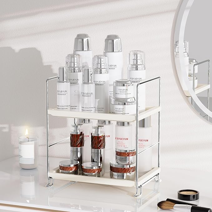FSyueyun 2-Tier Bathroom Countertop Organizer, Tool-Less Installation Premium Plastics Makeup Shelf Organizer Perfume Skincar