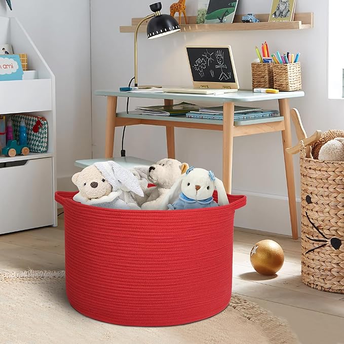 MEGASKET Extra Large Red Basket for Organizing, 22" X 22" X 14" Woven Cotton Rope Bins for Blankets, Baby Nursery Wicker Laun
