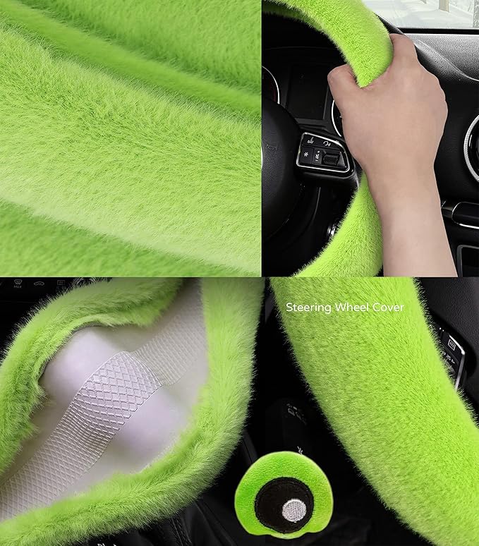 8 Pcs Cute Panda Steering Wheel Cover Set for Women Girl,Anti-Slip Lovely Cartoon Car Wheel Protector Universal 15 Inch Fit for Vehicle, Car, Auto, SUV (Green)