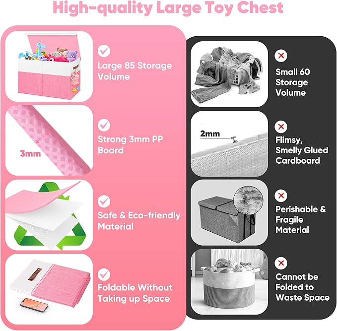 Mabahoo Large Toy Box, Collapsible Sturdy Storage Organize Chest Boxes With Lids, 25"x13"x16" Kids Toy Chest Bin Baskets for 