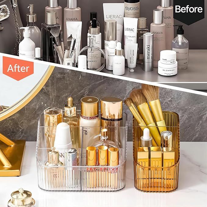 DASITON Large Capacity Makeup Brush Holder,5 Slot Makeup Brush Cup,Vintage striped Make Up Brush Holder,for Vanity Decor,Bath