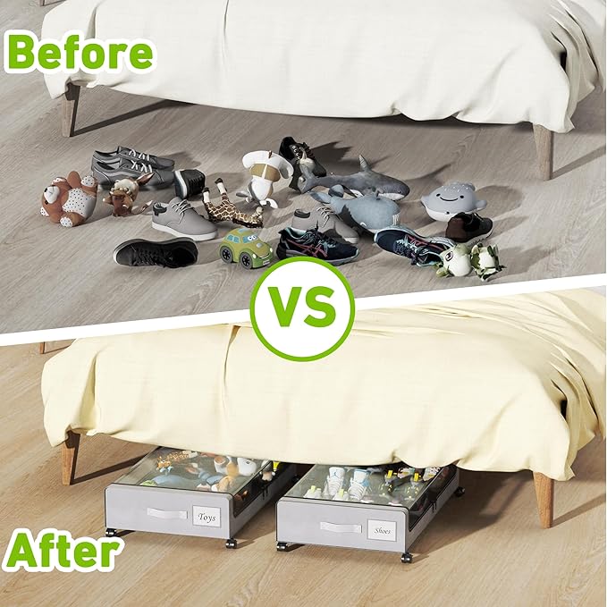 Under Bed Storage with Wheels, XXL 60L Under the Bed Storage Bins, Underbed Storage Containers with Lids & Label, Rolling Met