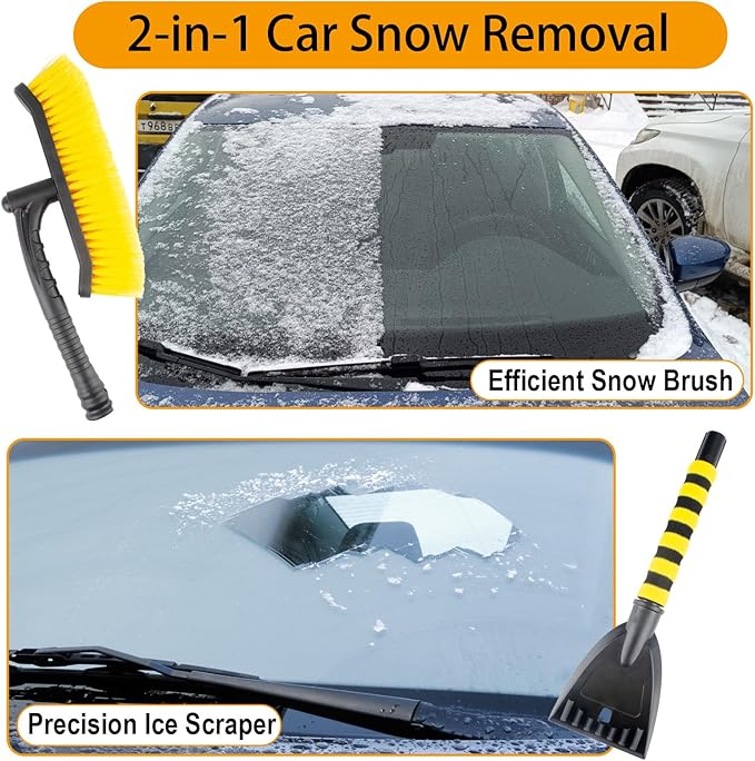 25.5" Car Snow Brush and Detachable Ice Scraper, Snow Shovel for Car Window with Foam Grip and 360° Pivoting Brush Head, Snow Shovel for Car Window, Winter Accessories for Cars, Trucks, SUVs