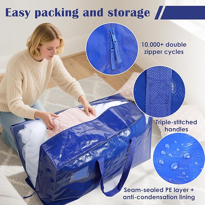 6 Pack Moving Bags with Full-Open Side Zipper, Extra Large 93L Heavy Duty Waterproof Foldable Storage Totes for College Dorm,