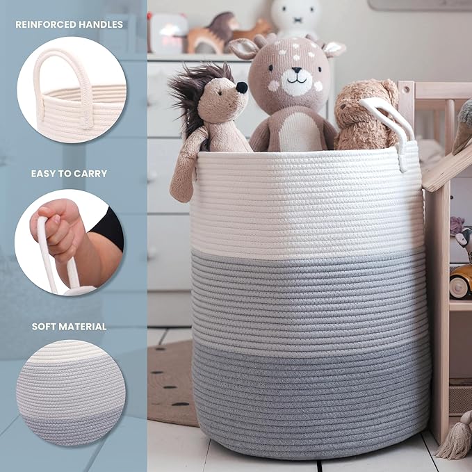 OrganiHaus Large Gray Woven Laundry Basket w/Handles 52L, Rope Dirty Clothes Hamper, Blanket Basket for Living Room, Baby Lau