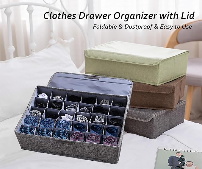 AARAINBOW 4 Packs Underwear Socks Ties Storage Organizer with Lids Foldable Closet Drawer Organizer 120 Cells, Fabric Wardrob