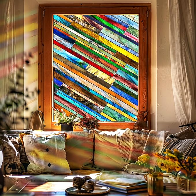 SUNBABY Stained Glass Window Privacy Film: 3D Decorative Vintage Static Clings, Day and Night Privacy, Renter-Friendly Non-Adhesive Sticker for Home Bathroom Door Window Coverings,16.9 x 39.4 Inch
