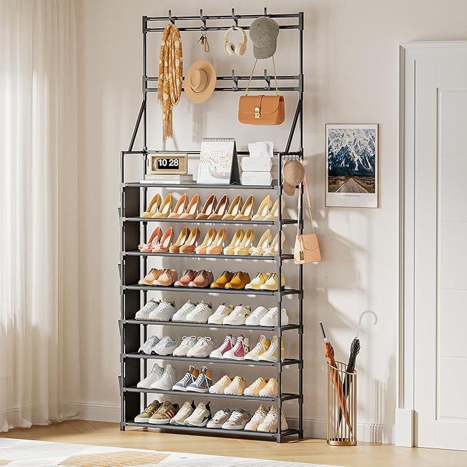 OYREL Shoe Rack 8 Tier Large Shoe Organizer Storage 32-40 Pairs Metal Shoe Storage Rack with Hooks and Side Pocket for Entran