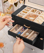 Enthralite Jewelry Box with 4 Drawers: Display Organizer for Earrings Necklaces - Gifts for Girls Women (Black)