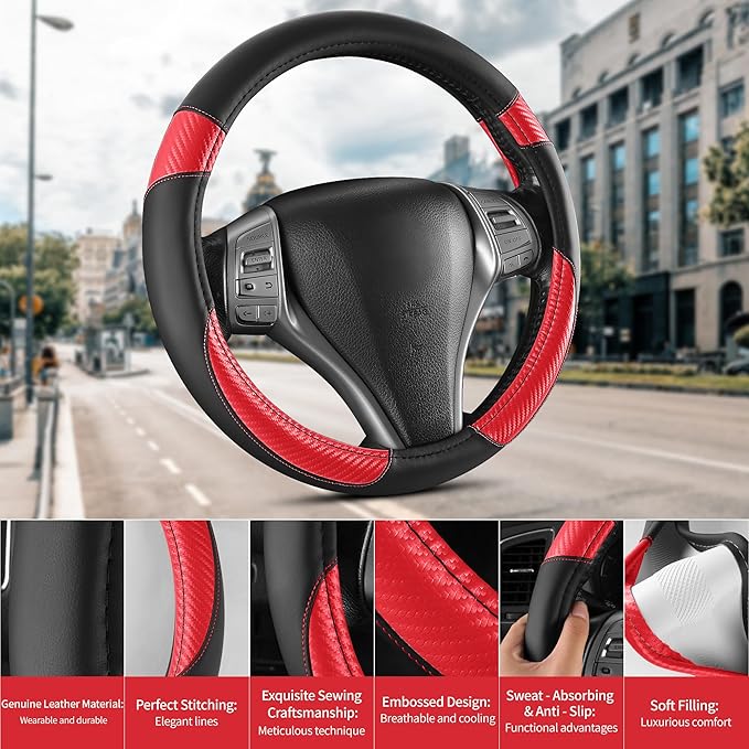 Non-Slip Car Nappa Leather Steering Wheel Cover,Universal Car Accessories Women Men Fit 14" 1/2-15" Suvs/Vans/Sedans/Cars/Tru
