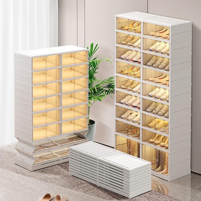 CIMLORD 9-Tier Foldable Shoe Rack Organizer for Closet,36Pairs Collapsible Plastic Shoe Shelf,Large Shoes Cabinet with Door,C