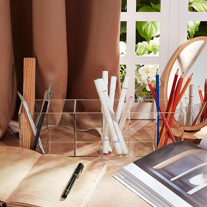 Jetec Acrylic Pen Holder 6 Compartments Makeup Brush Stationery Organizer Pencil Holder for Desk Accessories, Cosmetic Brushe