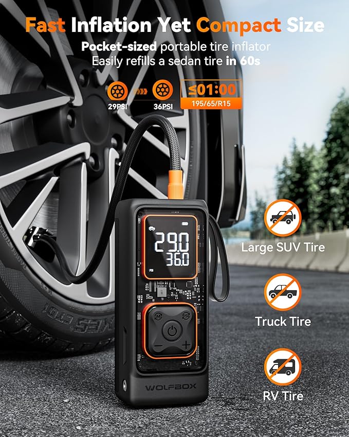 WOLFBOX Cordless Tire Inflator Portable Air Compressor, 150PSI Air Pump for Car Tires, Motorcycle, Bicycle & Ball, with Smart Digital Pressure Gauge, Auto Shut-Off & LED Flashlight