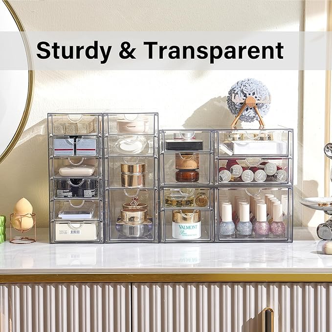 Prsildan Acrylic Drawer Organizer with 17 Drawers, Craft Office Desk Makeup Organizers Accessories, Set of 4 Clear Stackable 