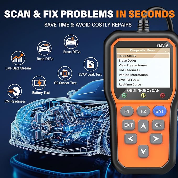 BluSon YM319 OBD2 Scanner Diagnostic Tool with Battery Tester, Check Engine Fault Code Reader with Live Data, Cloud Printing,