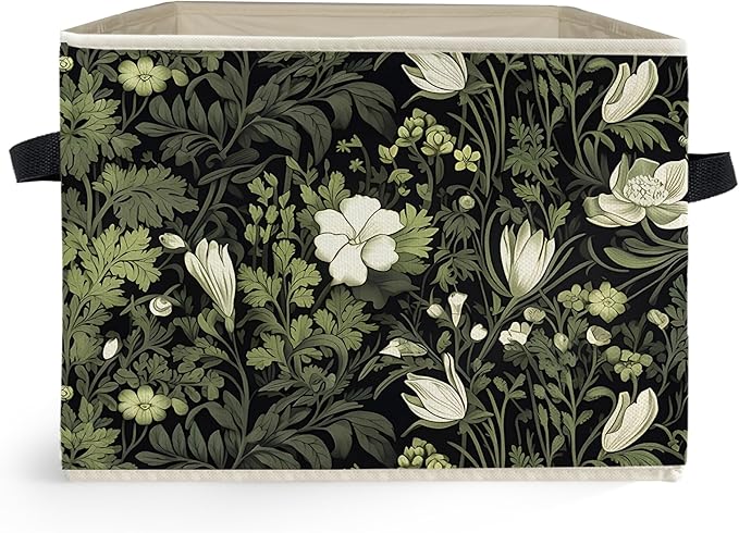 Vintage Floral Botanical Storage Box Bins, Art Nouveau Plant Flower Aesthetic Collapsible Storage Basket Organizer for Bedroo