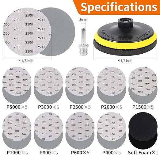 45PCS 5 Inch Wet Dry Sanding Discs Kit with Hook and Loop Backing Pad 5/8-11 and Foam, Angle Grinder Drill Sanding Attachment
