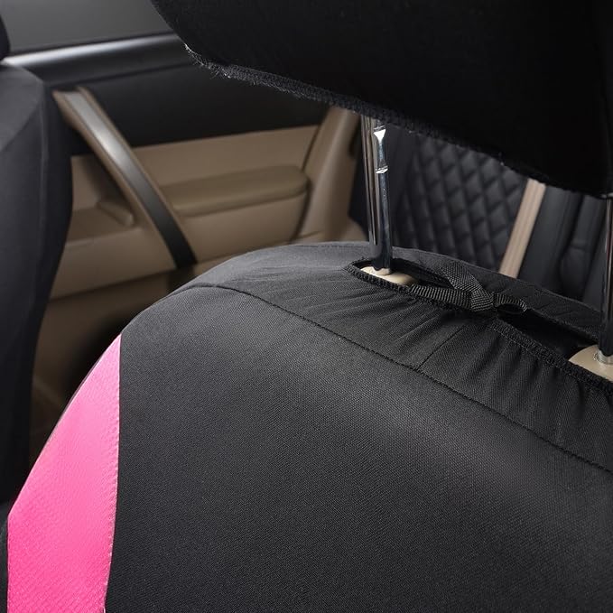 Flying Banner Car Seat Covers Full Set Front Seats and Rear Bench Mesh Fabric Splicing Polyester Cover Black with Pink Color