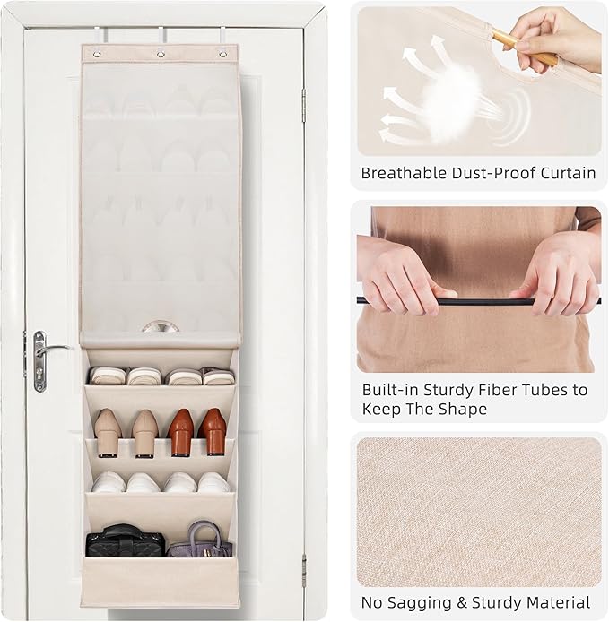 STORAGE MANIAC Over the Door Shoe Organizer with Curtain Dustproof Heavy-Duty Large Deep Pocket Hanging Shoe Organizer for Cl