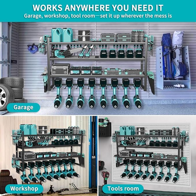 Power Tool Organizer Wall Mount Loads 400lbs, 4 Layers Heavy Duty Tool Organizers and Storage, Cordless Tool Rack with 8 Dril