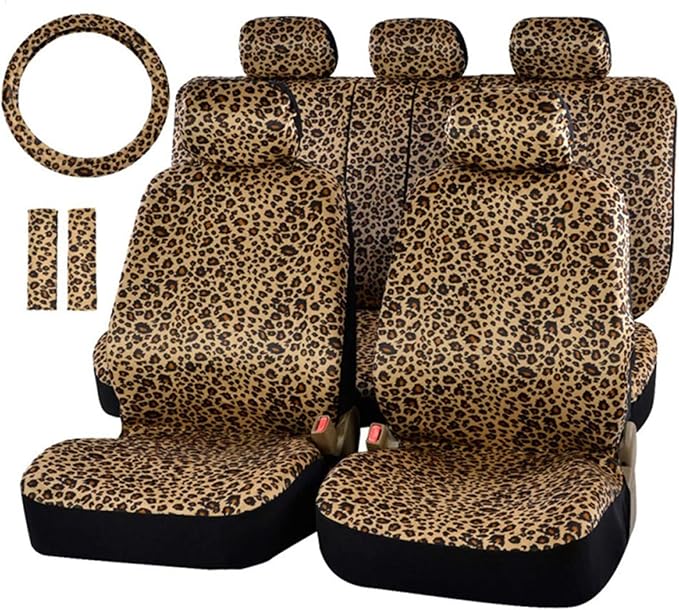 AUTOFAN Leopard Car Seat Covers Full Set with Steering Wheel Cover 2 Seat Belt Pads, Cheetah Print Seat Covers for Cars for W