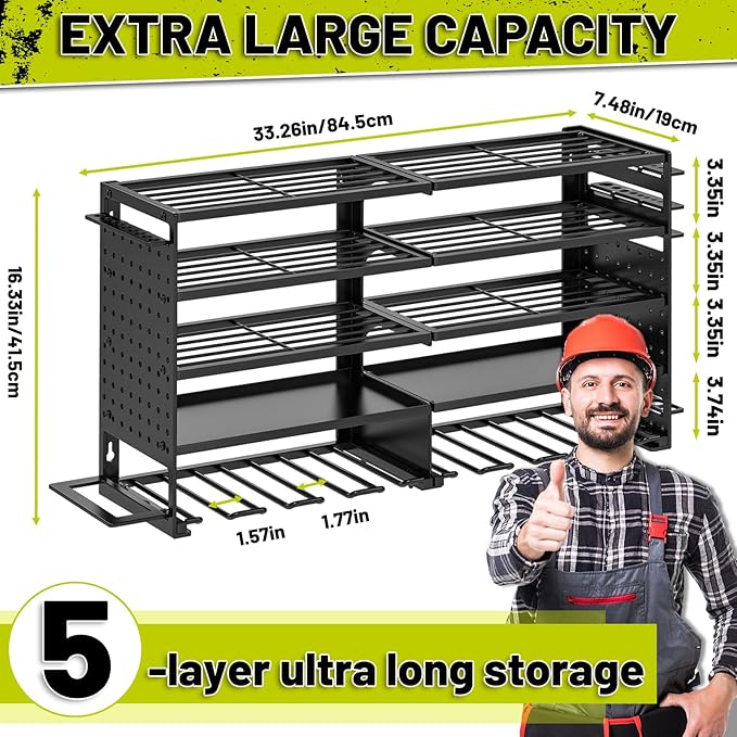 5 Layers Power Tool Organizer Wall Mount, Metal Cordless Tool Hanger Storage Rack Holder with 8 Drill Holders, Heavy Duty Gar