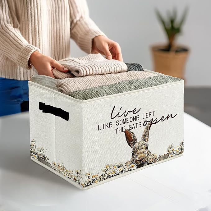 Rustic Bunny Storage Bins & Boxes with Handles, Farmhouse Rabbit Foldable Basket for Organizing, Live Like Someone Left the G