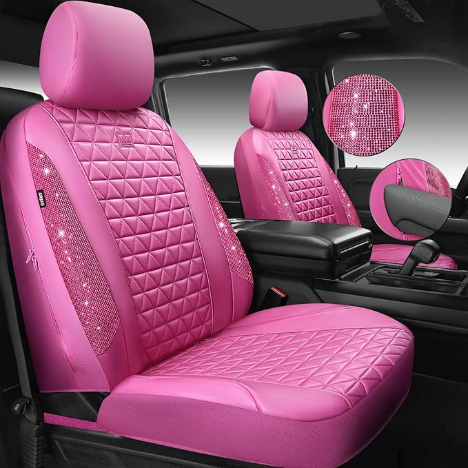 CAR PASS Hot Pink Bling Diamond Leather Car Seat Covers Full Sets, Waterproof Shining Glitter Sparkly Crystal Universal Armre