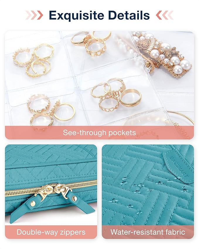 BAGSMART Jewelry Travel Organizer Case for Home Jewelry Organizer Storage Ring Binder Clear Bags Zipper Rolls Pouch for Neckl