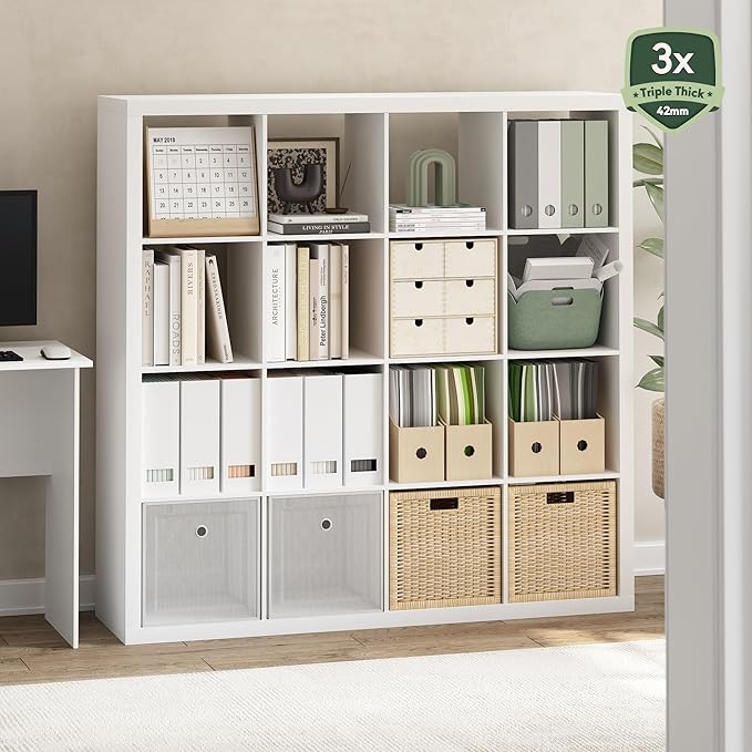 Furinno Cubicle Book Shelf, 16-Cube Bookshelf, Triple Thick Frame Cube Storage Organizer, 1.65" Bookcase, 15.4 x 57.4 x 56.9,