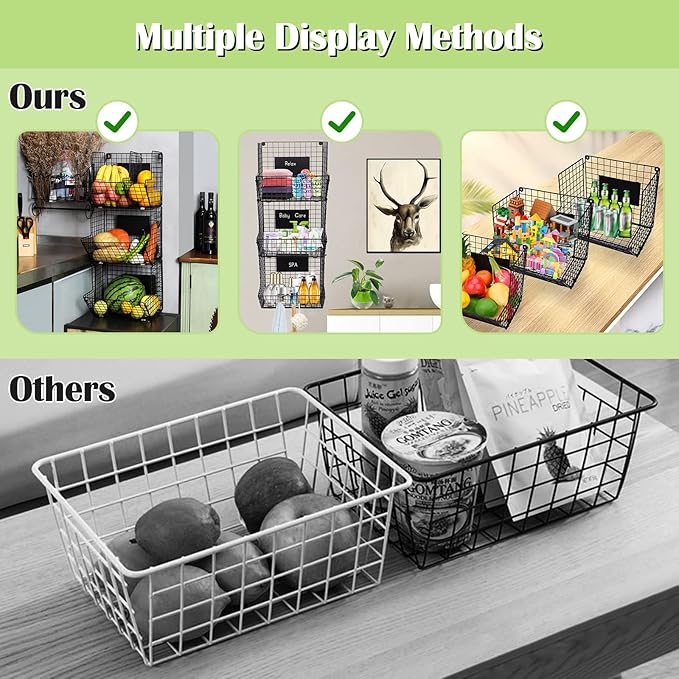 X-cosrack Metal Wire Basket Wall Mount, 3 Tier Wall Storage Basket Organizer with Hanging Hooks Chalkboards, Rustic Kitchen F