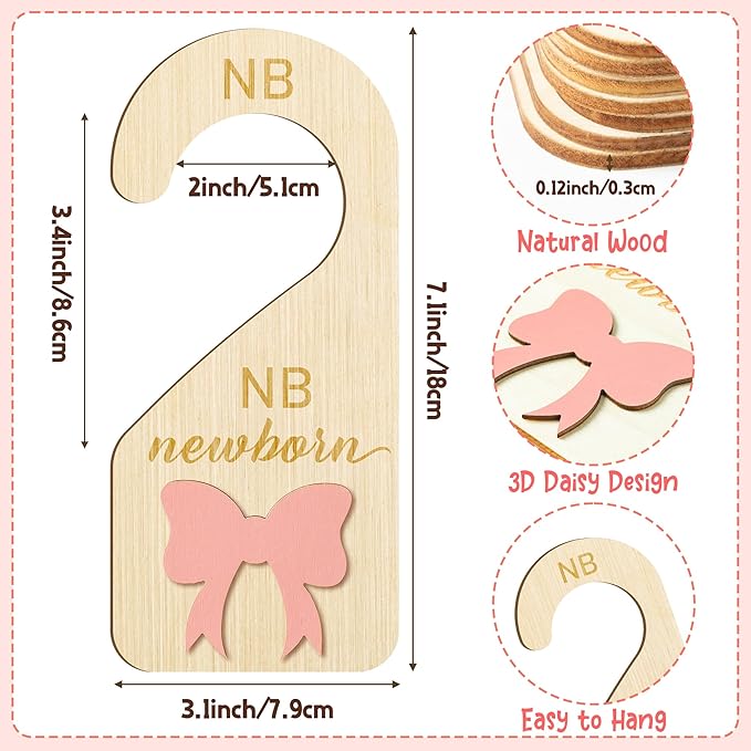 R HORSE Wooden Baby Closet Dividers - 8Pcs 3D Coquette Pink Bow Baby Closet Organizer Double-Sided Newborn Clothes Size Hange