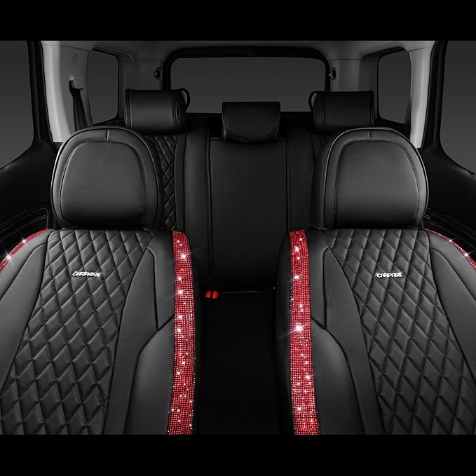 CAR PASS Nappa Leather Bling Diamond Black Red Seat Covers Full Set, Waterproof Calfskin Heavy-Duty Anti-Slip, Universal Fit 