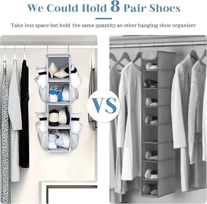 SLEEPING LAMB Short Hanging Shoe Organizer for Closet Storage with Mesh Side Pockets Holds 8 Pairs, Hanging Shoe Rack Hanger 