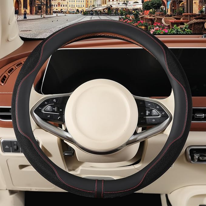 Nappa Leather Black Steering Wheel Cover, Advanced Microfiber Leather Non-Slip Breathable Fabric, Warm in Winter and Cool in 