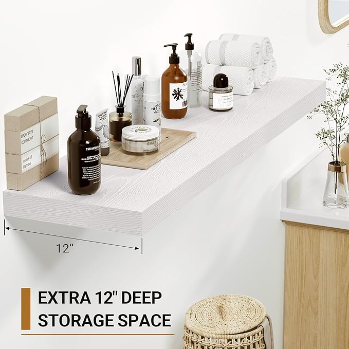 Vivelove White Floating Shelves 12 Inches Deep, [Wood Grain Texture] 36x12 Floating Shelves for Wall with Invisible Brackets,