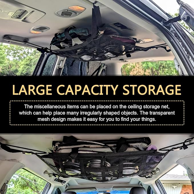 Car Roof Storage Net, Double Layer Mesh Polyester Auto Ceiling Cargo Net, 31.5" x 21.6" Camping Overhead Storage Organizer, Universal for Sedans Jeeps SUVs (Black)