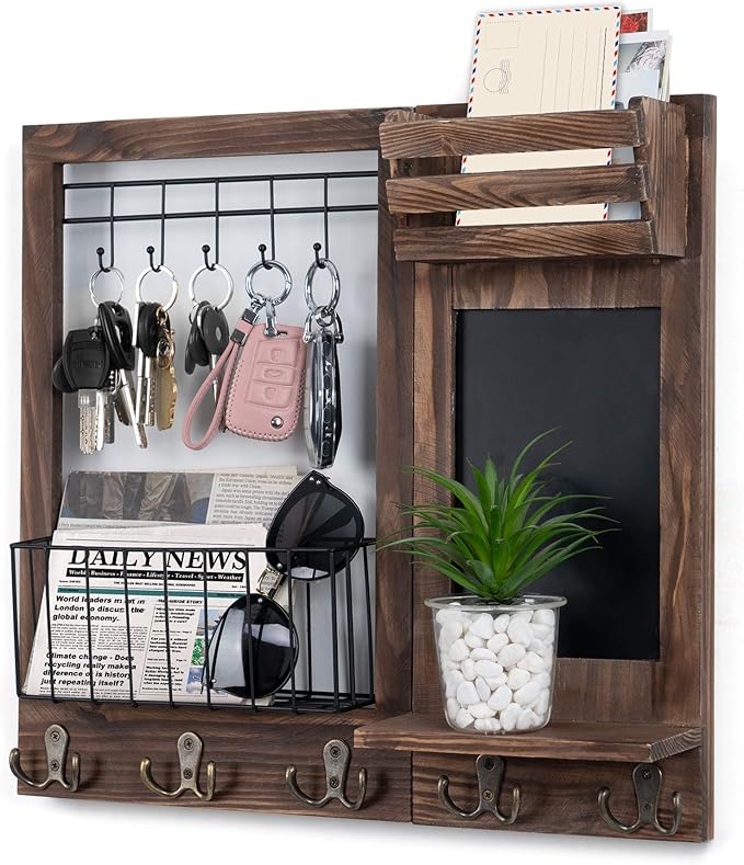 Key Holder for Wall, Mail Organizer Wall Mount with 5 Hooks and Shelf, Home Decorative with 5 Double Hooks and Chalkboard for