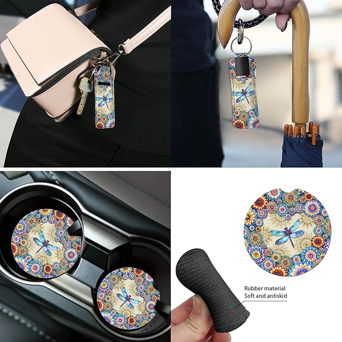 Dragonfly Car Seat Cover Full Set with Steering Wheel Cover Seat Belt Pads Auto Armrest Covers Boho Flower Cup Holders Keychain Lipstick Holder Fit for Most Vehicles