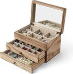 Meangood Jewelry Box Organizer for Women, 3 Layer Large Jewelry Storage Case, Rustic Wooden Jewelry Box with Mirror & Ring Tr