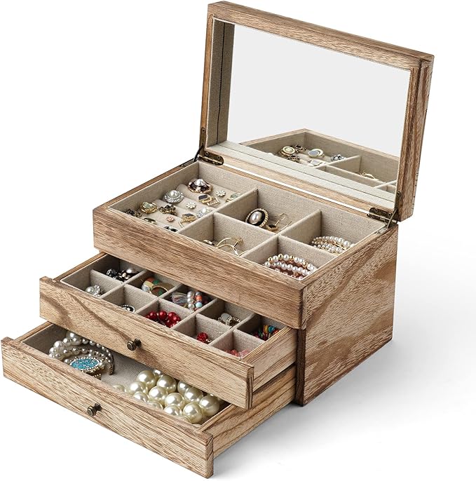 Meangood Jewelry Box Organizer for Women, 3 Layer Large Jewelry Storage Case, Rustic Wooden Jewelry Box with Mirror & Ring Tr