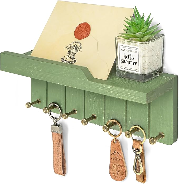 Rebee Vision Pine Wood Key Holder Wall Mount – Rustic Farmhouse Key Holder for Wall with 7 Sturdy Hooks for Hats, Leashes & S