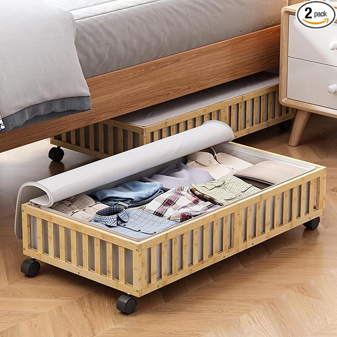 Bamboo Under Bed Storage Containers with Wheels, 2 Pack Large Under the Bed Shoe Storage Bins, Wood Rolling Underbed Drawers 