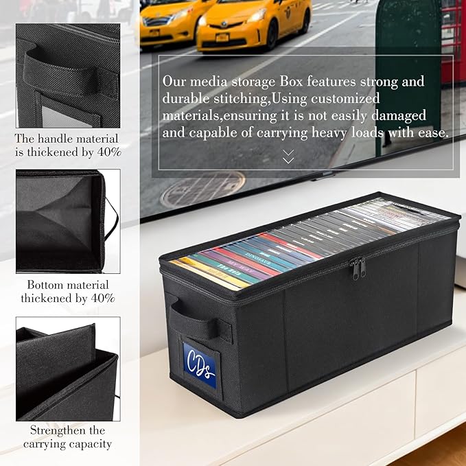 CCidea CD Storage Box with Clear Window - 4 Pack Media Organizer, Innovative Folding Design for CD Discs, CD Holder with Reinforced Handle & Label Slot, Holds 29 CDs Each, Fits Car & Home Use (4)